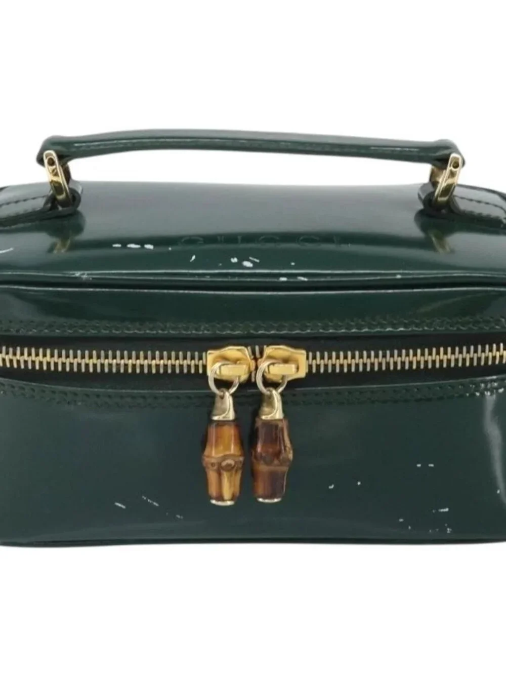 GUCCI Bamboo Vanity Pouch Patent leather Green Gold 032 1956 0151 Auth 171655